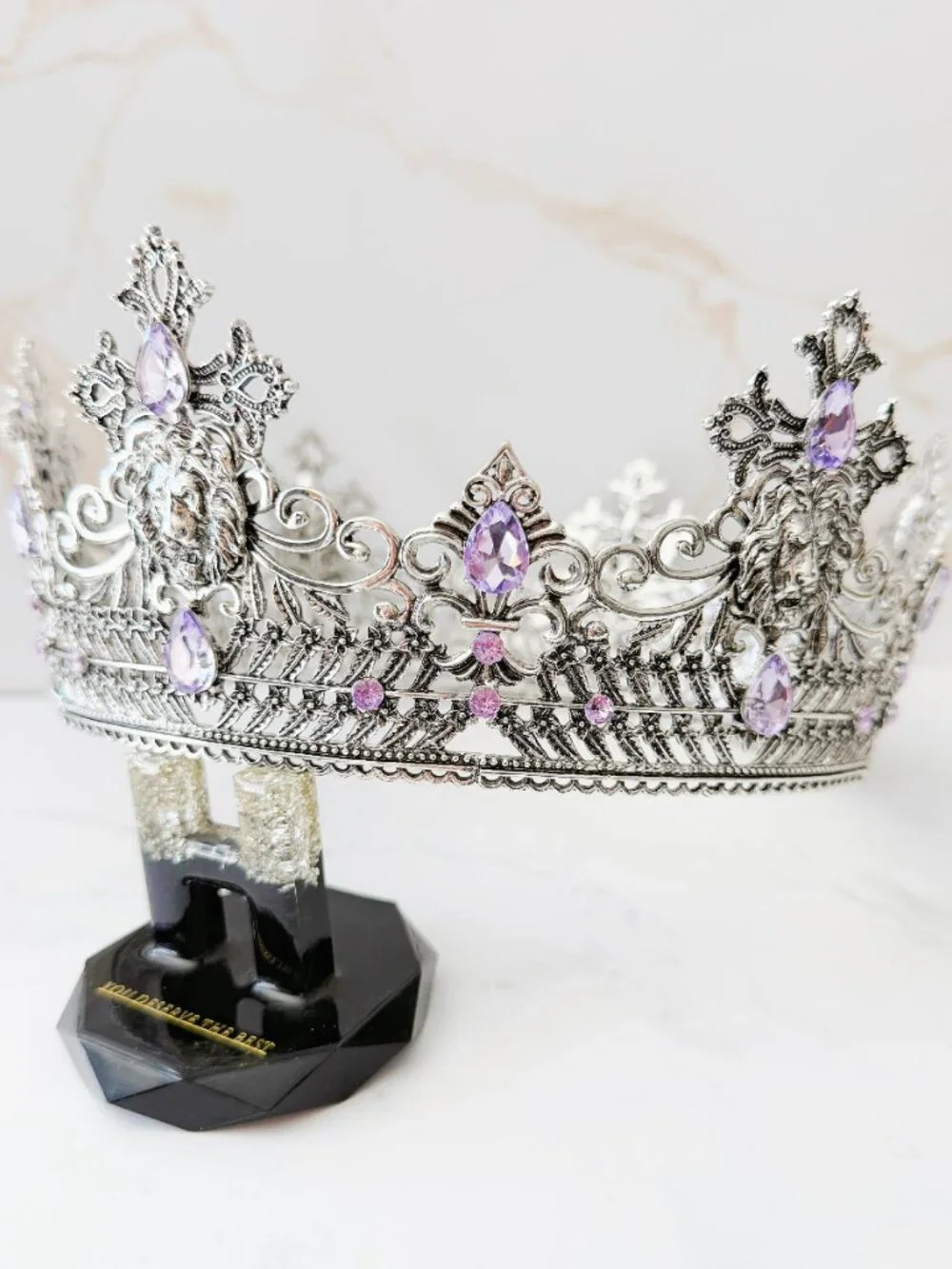 Silver Lion King Crown Purple Crystal Cross Medieval Royal Cosplay Wedding Prom